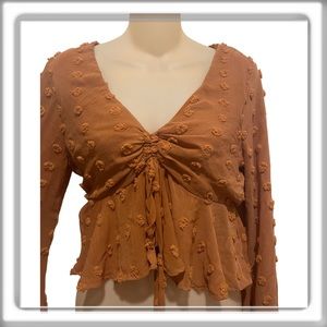 Altar’d State Lined Flowy Cropped Vneck Top Bell Sleeves Deep Orange Size Small